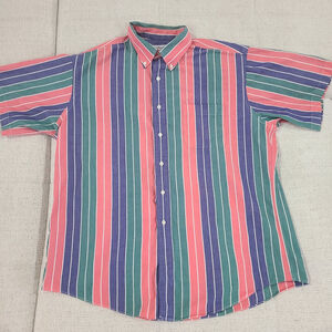Brooks Brothers 90s Pink Purple Green Stripes Short Sleeve Button Up Mens XL